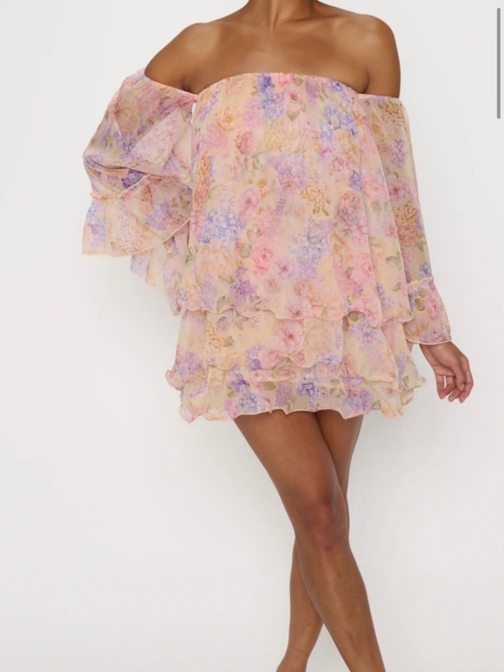 Off-Shoulder Pastel Floral Ruffle Mini Dress